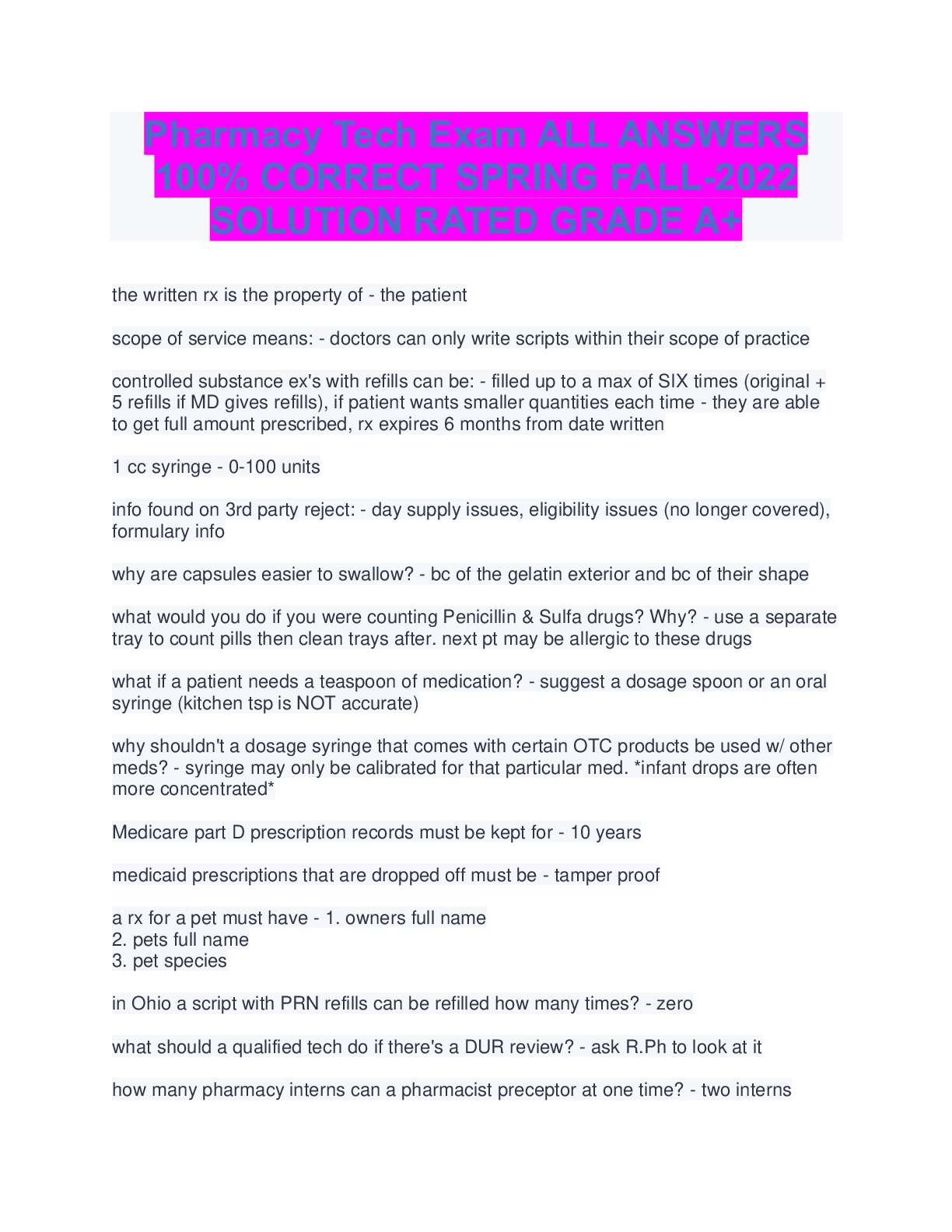Preview image for Pharmacy Tech Exam ALL ANSWERS 100% CORRECT SPRING FALL-2022 SOLUTION RATED GRADE A+